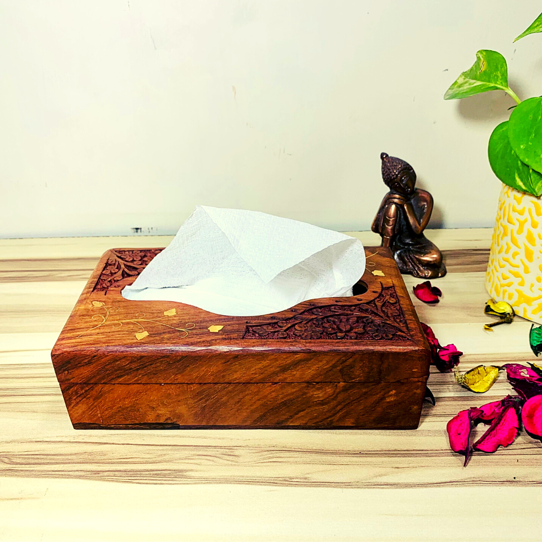 Homefrills Rectangular Carved Wooden Elegant Tissue Holder,Tissue Dispenser,Tissue Box,Facial Napkin Holder/Box with Velvet Interior for Car, Home, Office Desk, Bathroom & Cafeteria